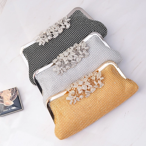 Elegant Evening Clutch Bag Rhinestone Studded Leaf Clasp Luxury Banquet Handbag Wedding Party Crossbody For Women