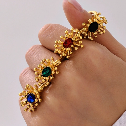 Vintage Floral Sunburst Jewelry 18K Gold Plated Stainless Steel Oval Zircon Stud Earrings And Open Adjustable Ring For Women