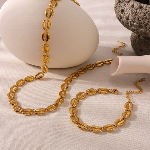 Gioielli Collana E Bracciale Con Maglie A Conchiglia Per Donna Placcato Oro 18K Acciaio Inossidabile Lusso