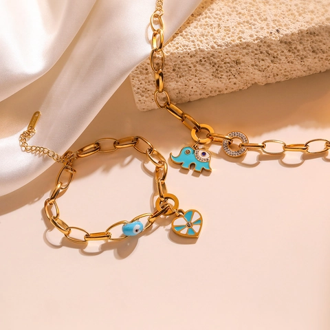 Bracciale Charms Elefante Cuore Acciaio Inossidabile Placcato Oro Smalto Blu Malocchio Zircone Gioielli Boho Per Donne