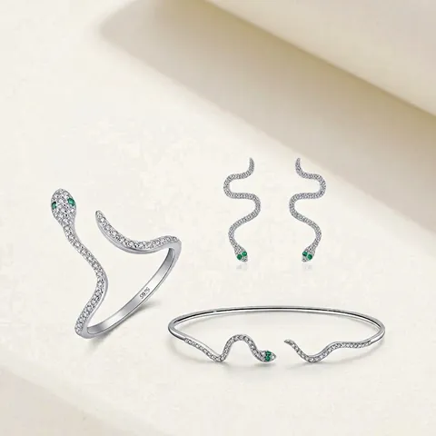 Schlange 925 Sterling Silber Ring Ohrringe Armreif Mit Zirkonia Grünes Auge Serpent Tier Luxus Accessoire Für Damen