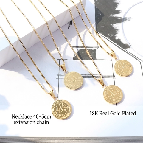 Titanium Steel 18K Gold Plated Scales Of Justice Pendant Necklace For Men Women Circular Coin Box Chain Adjustable Jewelry