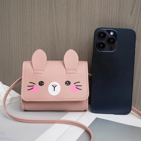 Kids Mini Crossbody Bag PU Leather Cartoon Rabbit Cat Face Shoulder Purse Small Handbag For Girls Cute Stylish