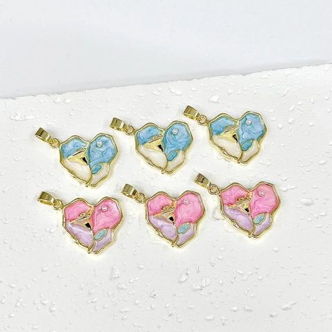 Pendente A Cuore Vintage Rame Placcato Oro 18K Smalto Fiore Stile Pittura Ad Olio Impressionista Perla Artificial Imitazione Donna