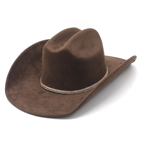 Cappello Da Cowboy Western Classico Camoscio Tesa Larga Con Catena Oro Strass Decorativa Stile Retro