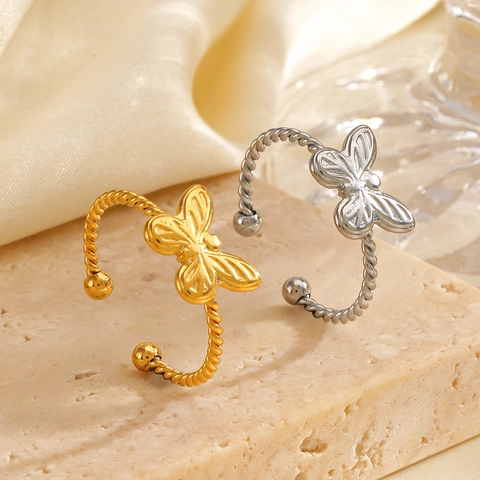 Anillo Abierto Mariposa Acero Inoxidable Chapado Oro 18K Banda Cuerda Trenzada Joyería Minimalista Ajustable Para Mujer