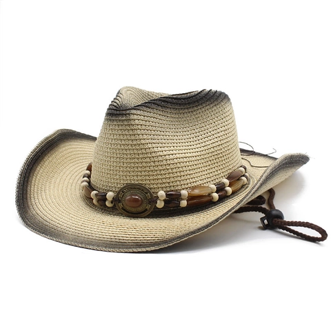 Δυτικό Καπέλο Cowboy Άχυρο Με Έθνικ Ζώνη Τυρκουάζ Ευρύ Γείσο Προστασία Από Ήλιο Ρυθμιζόμενο Σχοινί Vintage Bohemian
