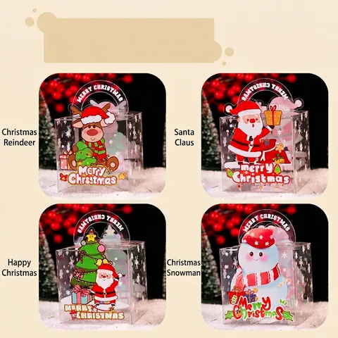 Christmas Clear PET Plastic Gift Boxes With Handle Cartoon Santa Reindeer Snowman Pattern For Holiday Apple Candy Packaging