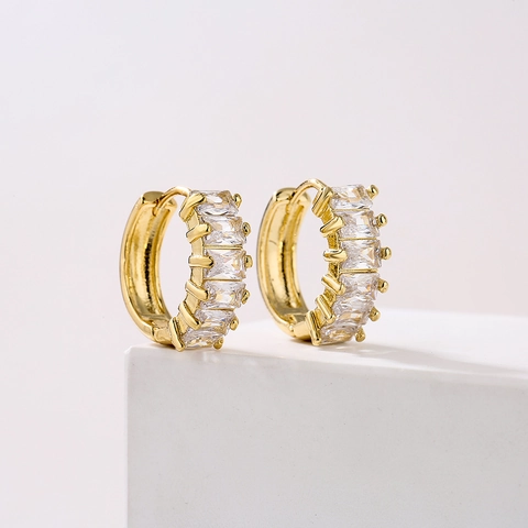 18K Gold Plated Copper Hoop Earrings With Baguette Colorful Zirconia Micro Pave Retro Light Luxury Jewelry For Women