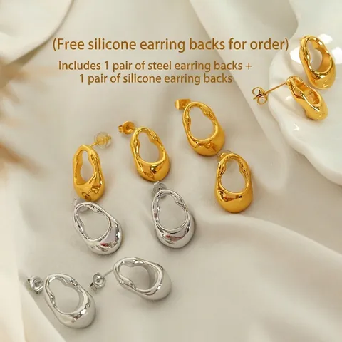 Pendientes De Botón Geométricos Irregulares Acero Inoxidable Metal Líquido Fluido Orgánico Estilo Retro Francés Minimalista
