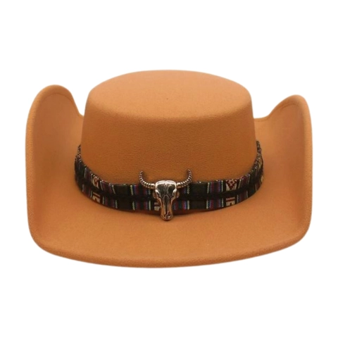 Western Cowboy Hat Wool Felt Bull Skull Ethnic Woven Band Wide Brim Vintage Retro Jazz Fedora For Men Women