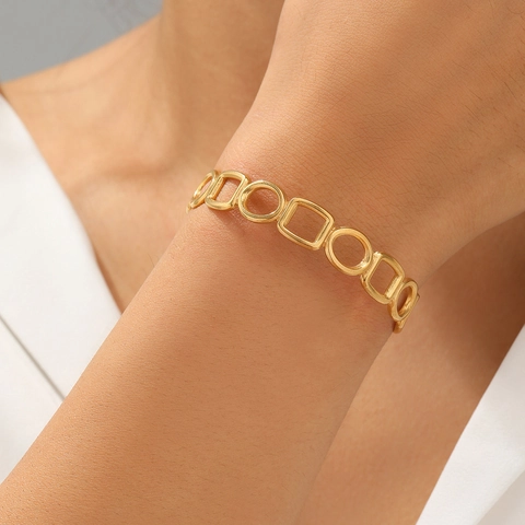 Hohl Geometrischer Offener Armreif Edelstahl Verstelbares Manschettenarmband Rund Quadrat Abwechselnd Minimalistischer Schmuck