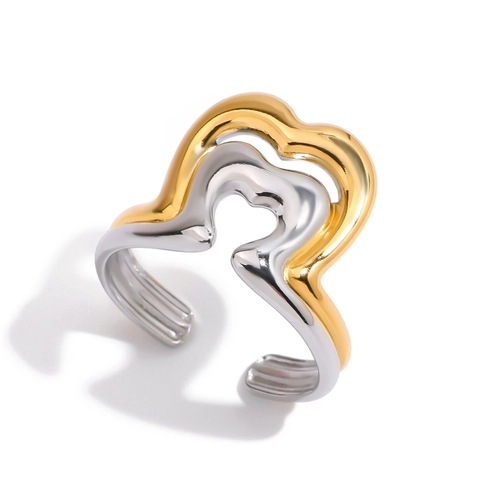 Anello a Onda Cuore Bicolore Acciaio Inossidabile Placcato Oro 18K Anello Liquido Aperto Regolabile per Donna Gioielli Moderni