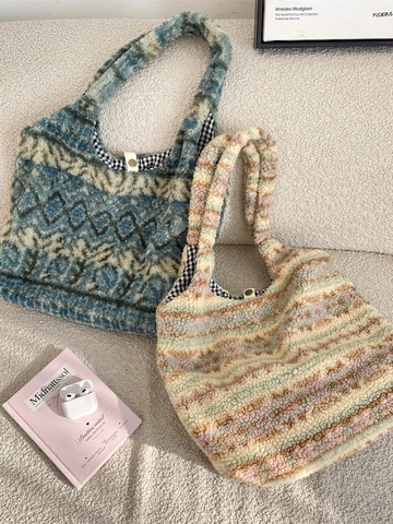 Borsa Tote In Peluche Donna Retro Grande Capacità Motivo Geometrico Borsa A Spalla In Pelliccia Sintetica Inverno