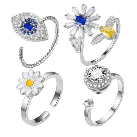 Drehbarer Verstellbarer Offener Ring Für Damen Kupfer Strass Spinner Ring Böser Blick Blume Sonnenblume Biene Hase Herz Modeschmuck
