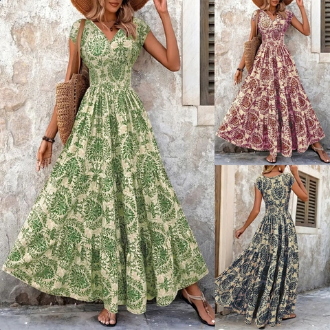 Vestido Maxi de Mujer Vintage Elegante Cuello en V Manga Corta Mezcla de Lino Estampado Vestido Largo en A de Vacaciones