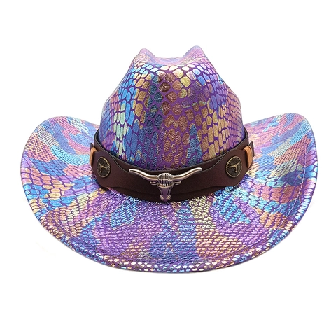 Western Cowboy Hat Iridescent Snakeskin Pattern With Leather Band Metal Bull Head Decoration Party Costume For Men Women