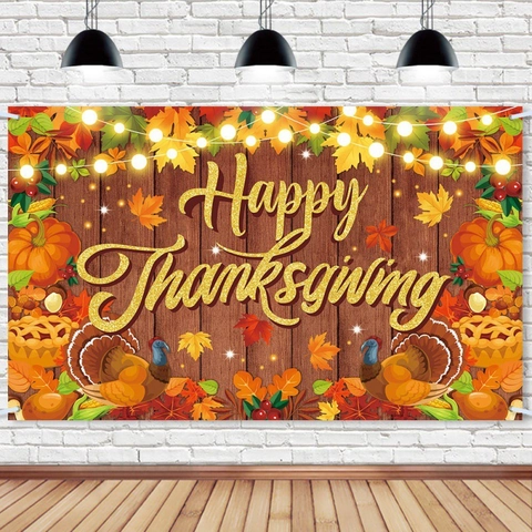 Happy Thanksgiving Backdrop Banner Autumn Harvest Pumpkin Turkey Party Decoration Large Polyester Fabric Background Wall Hanging Outdoor Indoor