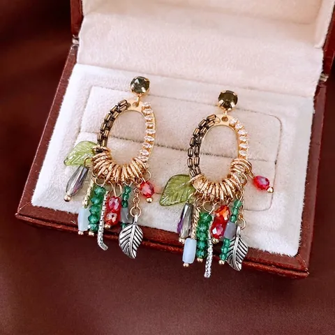 Bohemian Κρεμαστά Σκουλαρίκια Φύλλων Με 925 Sterling Silver Earring Post Ρετρό Χάλκινα Πολύχρωμα Σκουλαρίκια Με Χάντρες