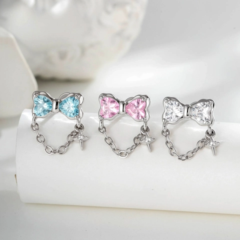 Cartilage Stud Titanium Steel Bar Copper Heart Zircon Bowknot Chain Star Dangle Helix Piercing Jewelry For Women