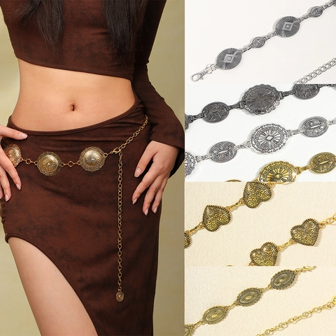 Cinturón De Cadena De Metal Bohemio Vintage Cadena De Cintura Ajustable Para Mujer Con Patrones Tallados Accesorio Retro