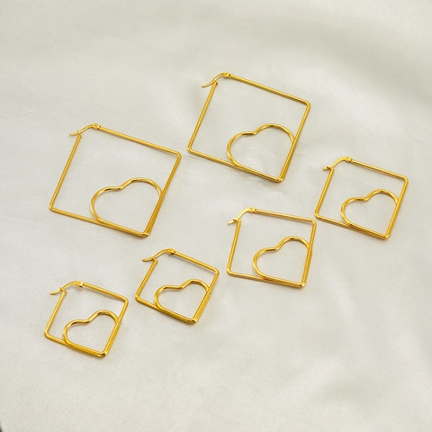 Heart In Square Geometric Hoop Earrings 18K Gold Plated Stainless Steel Minimalist Hollow Jewelry Gift For Women