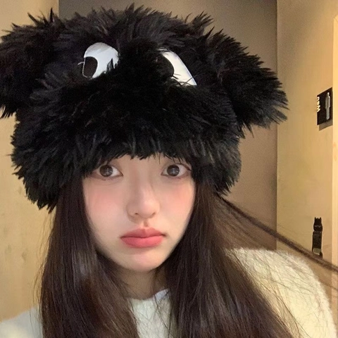 Cartoon Puppy Plush Trapper Hat Women Cute Large Eyes Earflap Hat Warm Wool Faux Fur Lei Feng Cap Winter Outdoor Bonnet