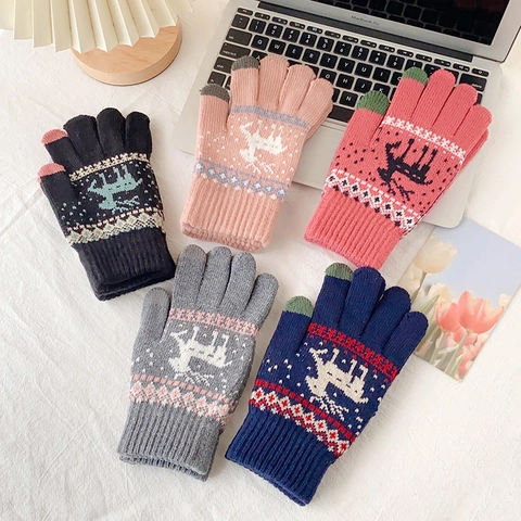Winter Strick Handschuhe Damen Touchscreen Rentier Muster Verdickt Plüsch Futter Thermisch Warm Außen
