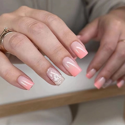 Square Press On Nails Pink Gradient Blush Dandelion Art Sweet Elegant Wearable ABS Resin Manicure For Women