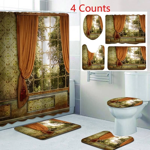 Waterproof Polyester Shower Curtain And Non-Slip Flannel Rugs With Vintage European Window View Forest Landscape Decor