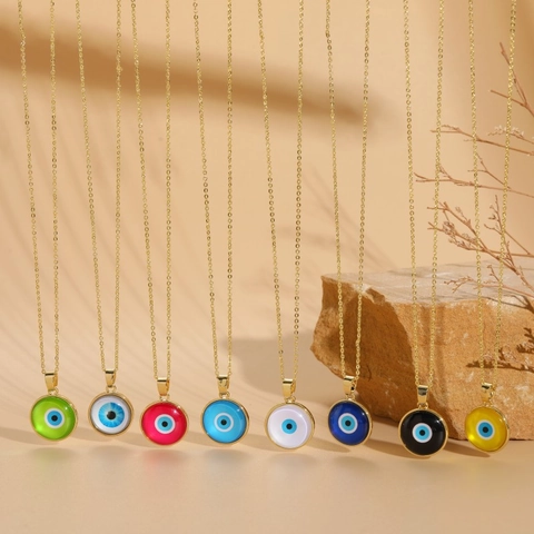 Evil Eye Necklace Round Disc Pendant Copper Resin Enamel Nazar Amulet Jewelry For Women Boho Ins Style Gold Plated