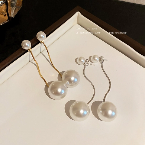 Eleganti Orecchini Lunghi Con Nappe Di Künstliche Perle E Perno In Acciaio Doppia Perla Artificial Gioielli Di Moda Coreana Per Donna