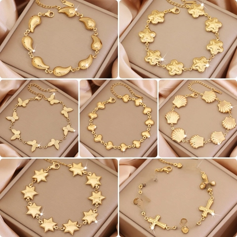 Bracciale In Acciaio Inossidabile Placcato Oro Cuore Fiore Farfalla Stella Croce Conchiglia Per Donna Gioielli Moda Regolabile