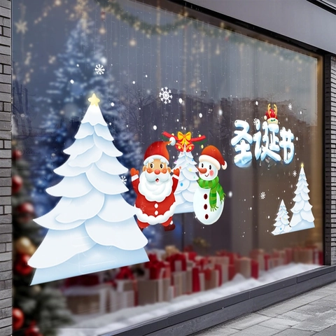 Pegatinas Ventana Navidad PVC Estáticas Papá Noel Muñeco Nieve Árbol Color Doble Cara Decoración Cristal