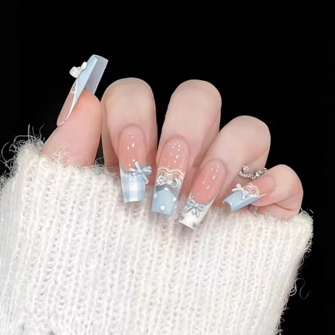 Blue French Press On Nails Long Square Shape With 3D Bowknot Lace Pattern Artificial Pearl Decor Elegant Manicure For Women