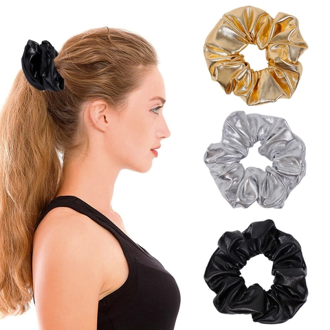 Metallic Glossy PU Leather Scrunchies High Elastic Shiny Hair Ties Fashion Headwear For Women Cosplay Party Decor