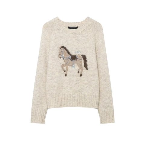 Suéter Punto Mujer Bordado Caballo Manga Larga Cuello Redondo Informal Suave Jersey Avena