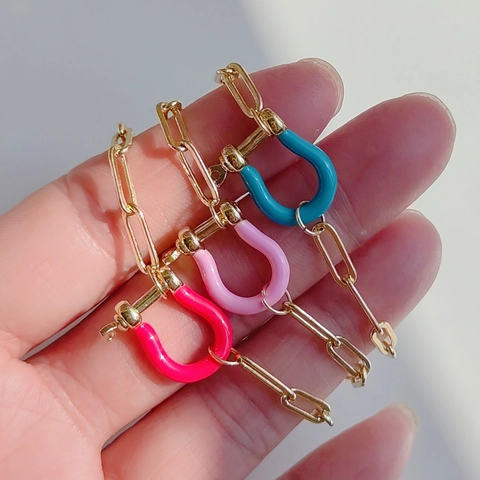 Paperclip Chain Bracelet Gold Plated Enamel U-Shape Horseshoe Buckle Hip Hop Ins Style Colorful Jewelry For Women