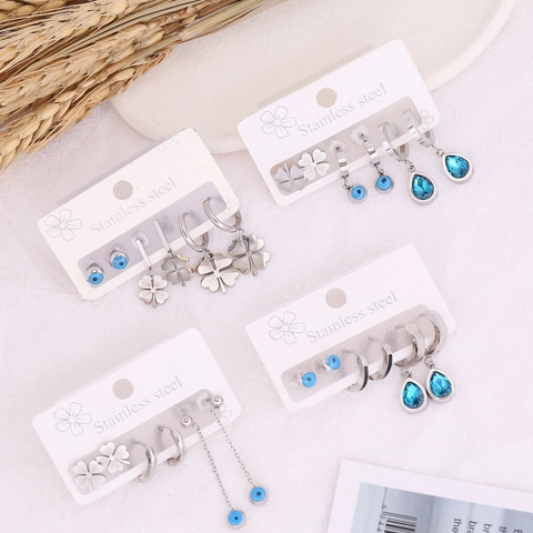 Stainless Steel Earrings Blue Zircon Evil Eye Teardrop Clover Studs And Dangle Earrings For Women Trendy Aesthetic Jewelry