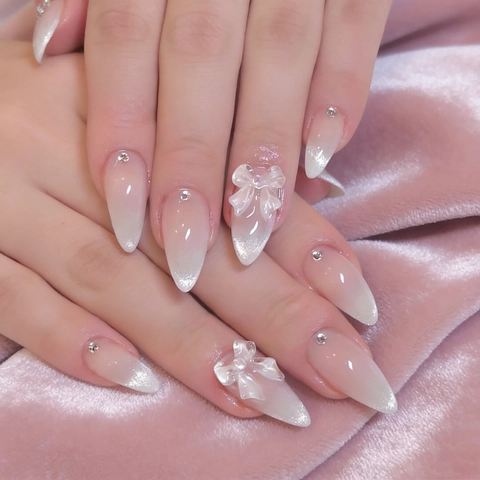Uñas Postizas Largas Almendra Ojo De Gato Efecto Piedra De Luna Con Lazo Y Pedrería Degradado Francés Uñas Artificiales