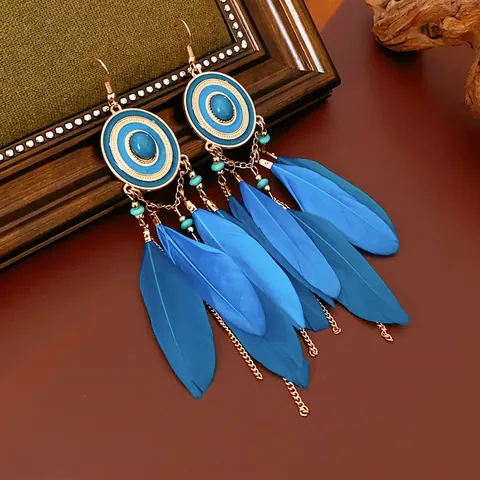 Bohemian Feather Tassel Dangle Earrings Ethnic Vintage Long Geometric Alloy Turquoise With Steel Earring Post
