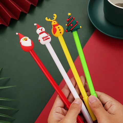 Penne Gel Di Natale Cartone Animato Plastica Silicone Babbo Natale Pupazzo Di Neve Renna Albero Inchiostro Nero Ufficio Scuola
