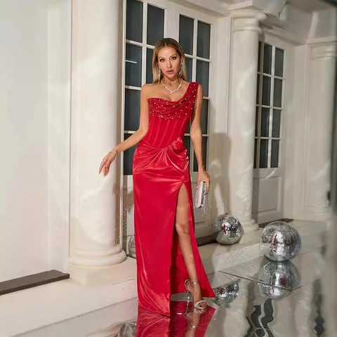 Een Schouder Satijnen Avondjurk Maxi Met Pailletten En Steentjes Hoge Split Slanke Pasvorm Elegante Feestjurk Voor Dames