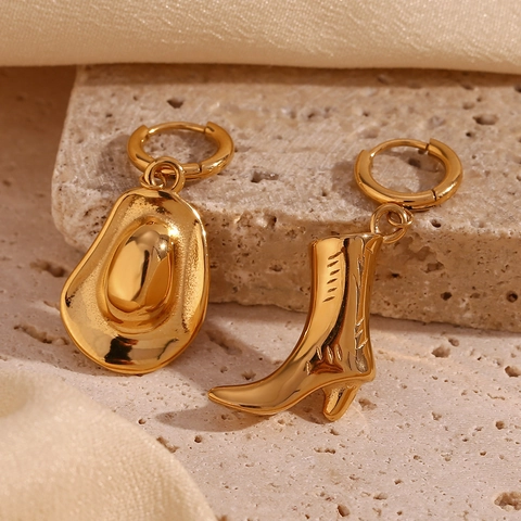 Western Cowboy Hat Boots Stainless Steel Earrings Necklace Gold Plated Asymmetric Jewelry For Women Fashion Accessories