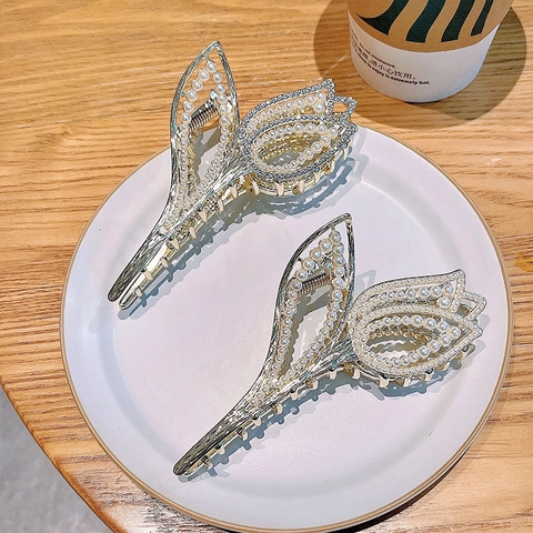 Molletta Per Capelli Tulipano Fiore Elegante Lega Di Metallo Clip Squalo Perla Artificial Strass Fermaglio Per Capelli Da Donna