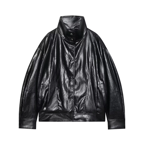 Women PU Leather Bomber Jacket Stand Collar Solid Color Streetwear Casual Snap Button Outerwear Chic Coat Black