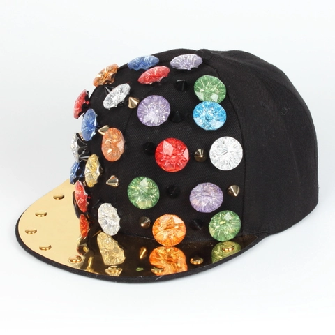 Punk Hip Hop Studded Spike Baseball Cap Colorful Rhinestone Flat Gold Brim Cotton Adjustable