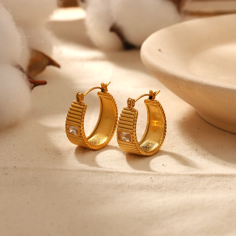 Ribbed Hoop Earrings 18K Gold Plated Titanium Steel With Square Zircon Geometric Textured Jewelry For Women