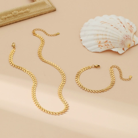 Conjunto de Joyas de Acero Inoxidable Minimalista Chapado en Oro 18K Espiga de Trigo para Mujer Collar Y Pulsera Hecho a Mano