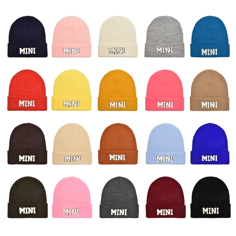 Kids Knitted Beanie Hat Acrylic Solid Color Warm Winter Outdoor MINI Letter Embroidery For Boys Girls